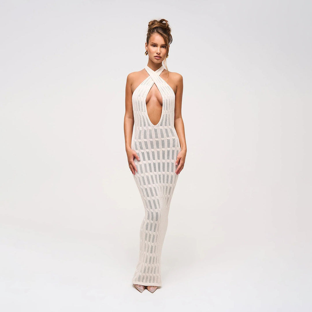 Damen trendiges Netzkleid mit Bindegürtel Drune