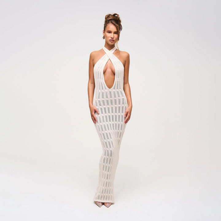 Damen trendiges Netzkleid mit Bindegürtel Drune