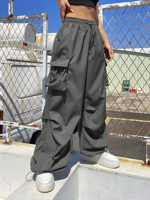 Damen nan weite Cargo-Hose mit Tunnelzugbund, Mehrfachtaschen und verstellbarem Saum Drune