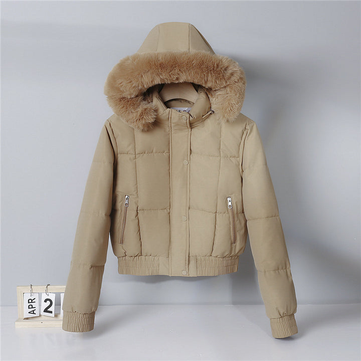 Damen nan kurzer isolierender Kapuzenblouson mit voluminöser Pelzkragenblende und elastischem Rippsaum Drune