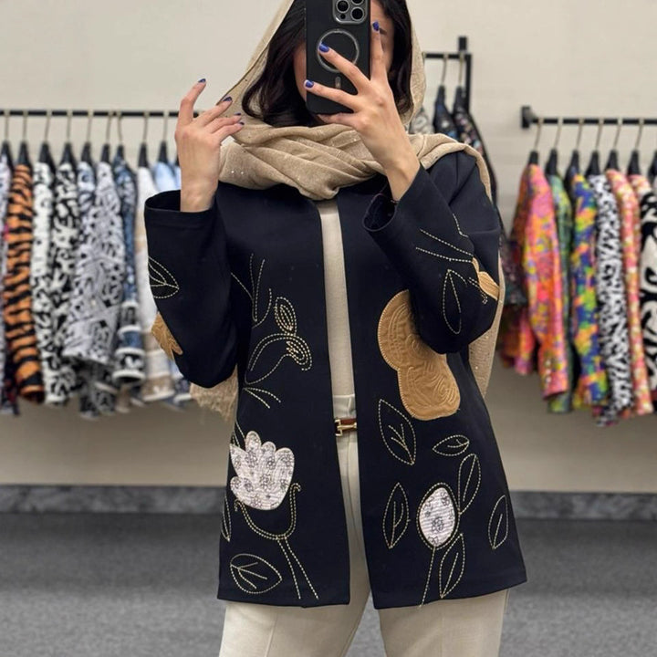 Damen offener Strickblazer mit floraler Stickerei & Applikationen Drune