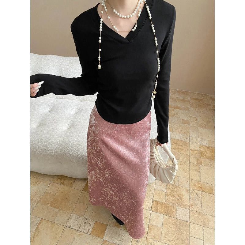 Damen figurbetontes Longsleeve-Oberteil mit tiefem V-Ausschnitt und Raffung Drune