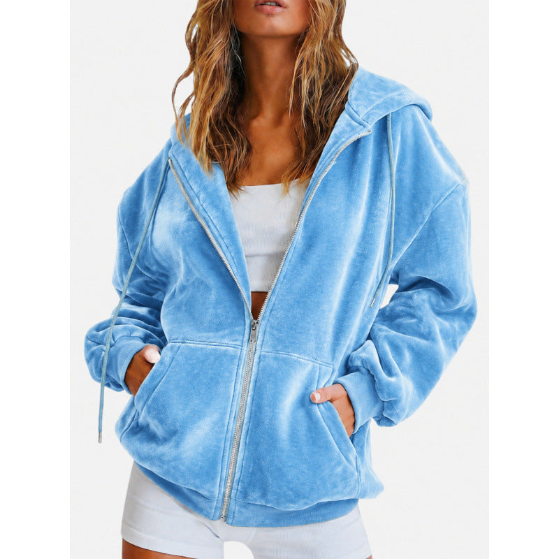 Damen Oversize Velours-Kapuzenjacke mit Reißverschluss Drune