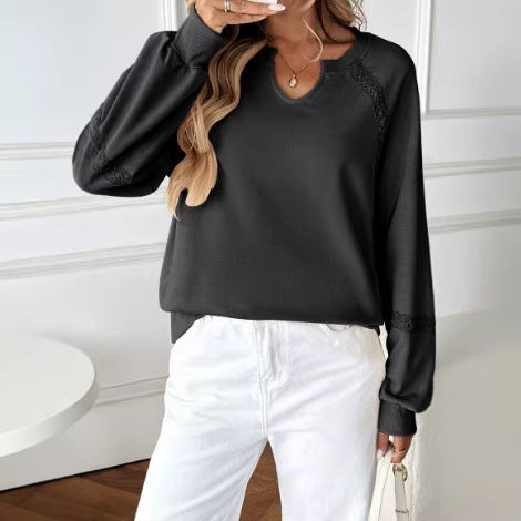 Damen Lässiges Sweatshirt mit V-Notch, Spitzeneinsätzen und Ballonärmeln Drune
