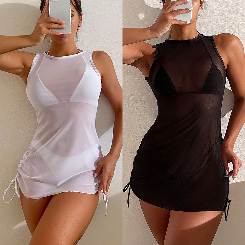 Damen Strandkleid mit transparentem Design und verstellbarem Kordelzug Drune
