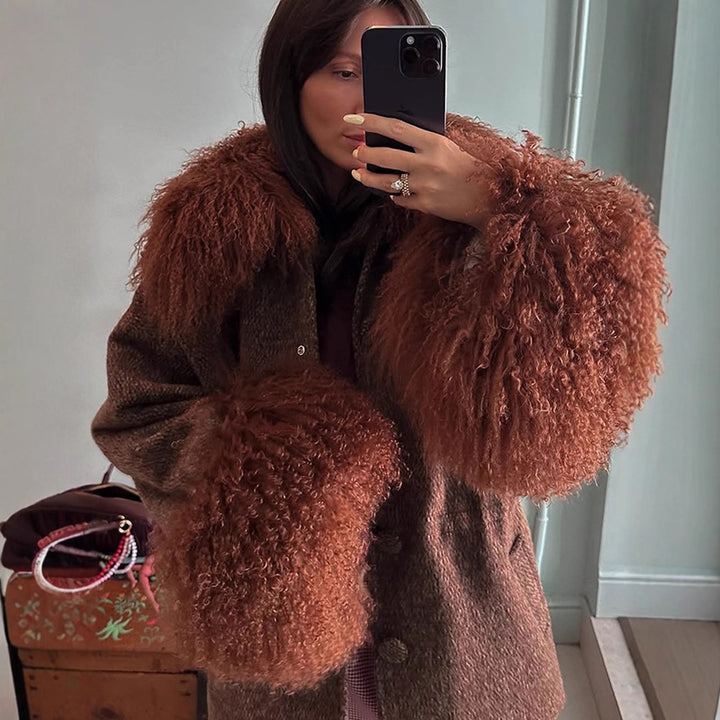 Damen Oversize Wollmix-Marka Mantel mit voluminösem Lammfellimitatkragen und extra weitem Ärmelabschluss Drune
