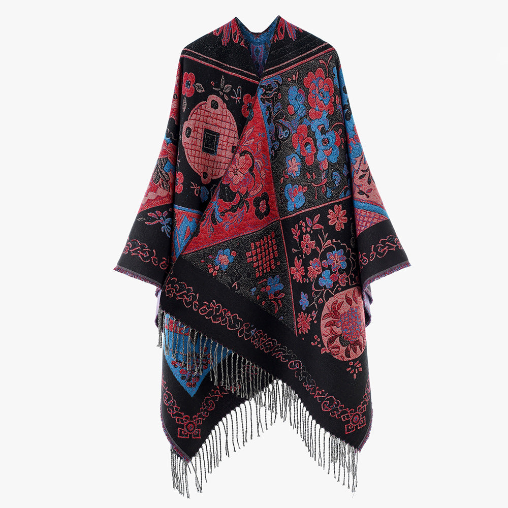 Damen Jacquard-Poncho mit Boho-Patchwork-Muster und Fransensaum Drune