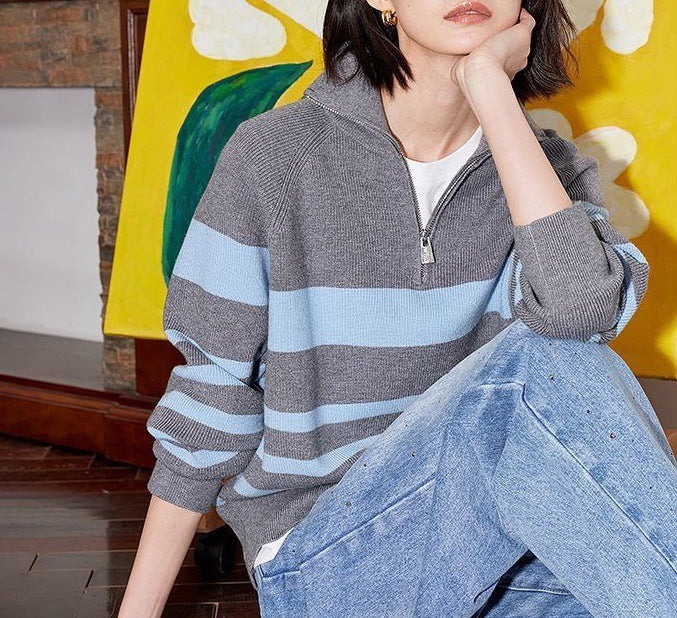 Damen gemütlicher Strickpullover mit modischem Halbzipverschluss Drune