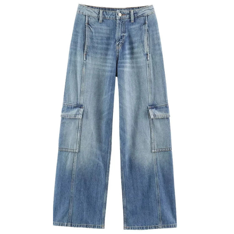 Damen Jeans‑Cargo‑Hose mit weitem Bein, Ziernähten und aufgesetzten Klappentaschen Drune