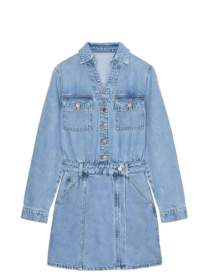 Damen Tailliertes Jeans-Minikleid mit Hemdkragen, aufgesetzten Brusttaschen und dekorativer Knopfleiste Drune