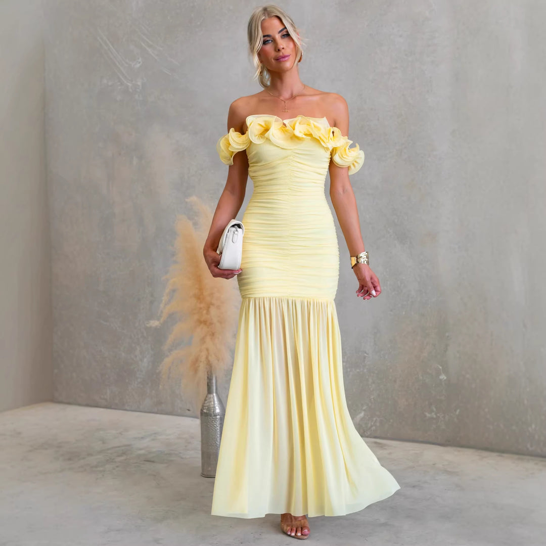 Damen Off-Shoulder Maxikleid mit voluminösen Rüschendetails und elegantem Taillenschnitt Drune