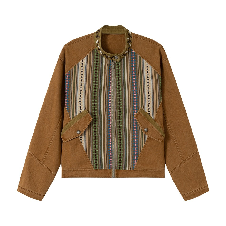 Damen kurze Baumwoll-Blousonjacke mit Ethno‑Webpaneelen und Cordbesatz Drune