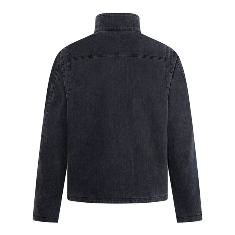 Herren asymmetrische Jeansjacke mit Stehkragen und zweireihiger Druckknopfleiste Drune