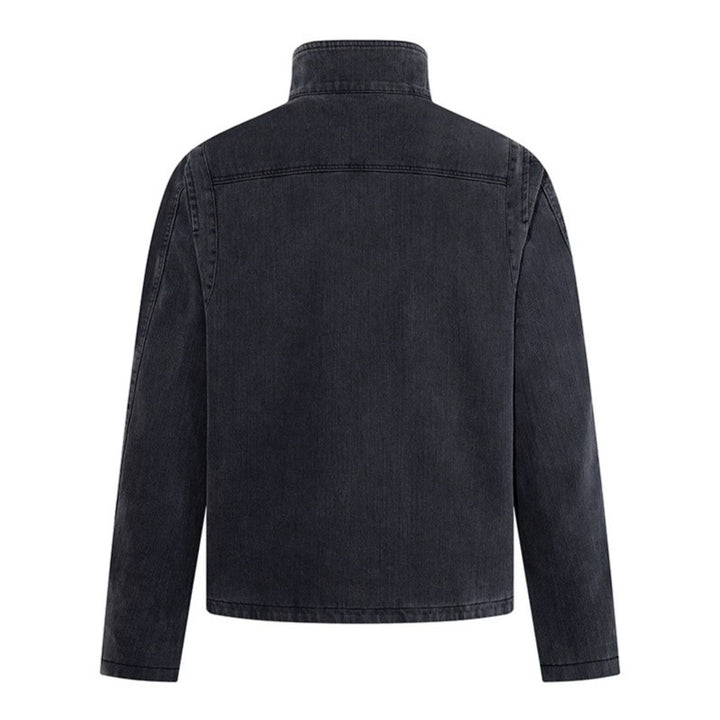 Herren asymmetrische Jeansjacke mit Stehkragen und zweireihiger Druckknopfleiste Drune