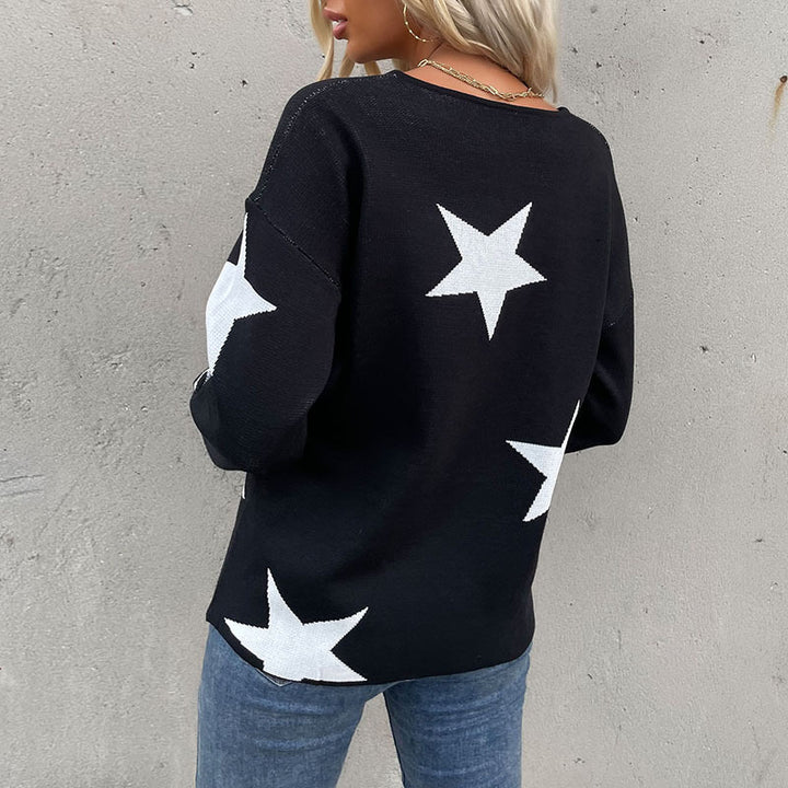Damen Oversize V‑Ausschnitt Strickpullover mit großem Sternen‑Jacquard Drune