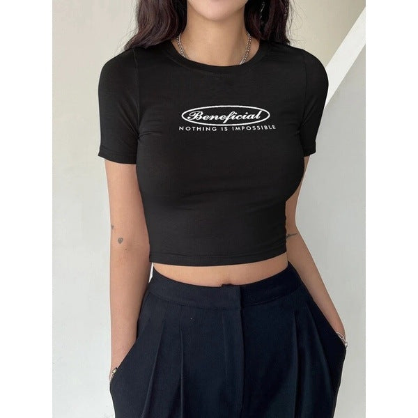Damen Crop-T-Shirt mit kreativem Schriftzug Drune