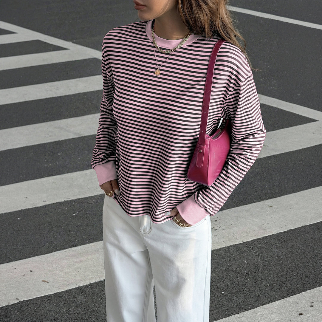 Damen nan lässiges gestreiftes Oversize-Longsleeve mit kontrastierendem Rundhalsausschnitt und verlängertem Rückensaum Drune