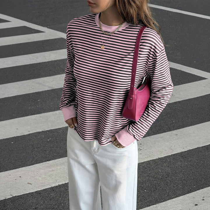Damen nan lässiges gestreiftes Oversize-Longsleeve mit kontrastierendem Rundhalsausschnitt und verlängertem Rückensaum Drune