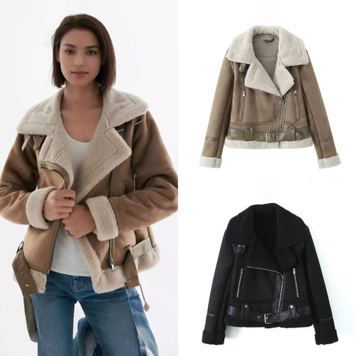 Damen Kurz geschnittene Lammfellimitat-Bikerjacke mit asymmetrischem Reißverschluss, Gürtel und Teddyfutter Drune