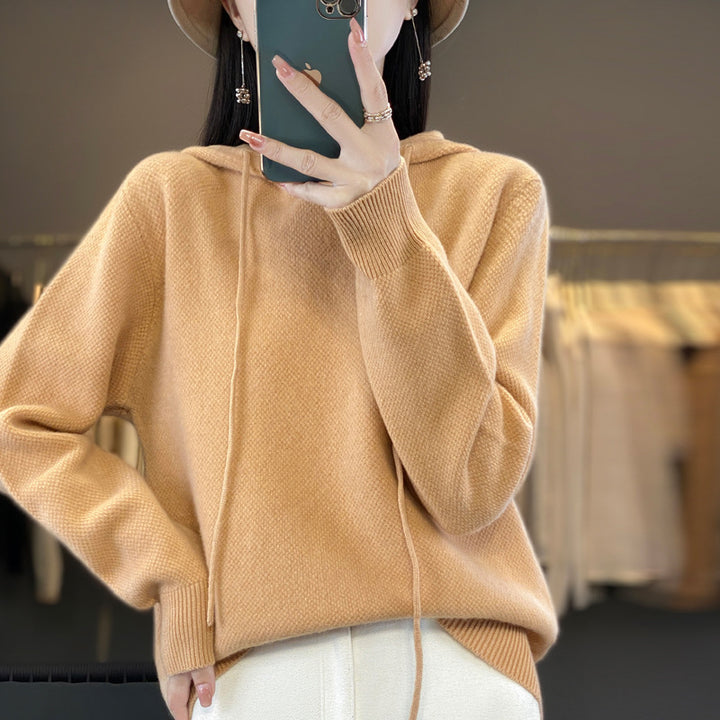 Damen weicher Feinstrick‑Kapuzensweater mit melierter Struktur und gerippten Bündchen Drune