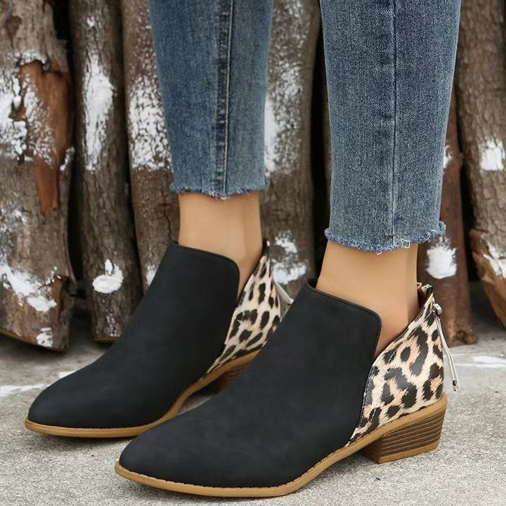 Damen Kurzschaft-Ankleboots mit spitzer Vorderkappe, Leoparden-Fersen und verdecktem Reißverschluss Drune