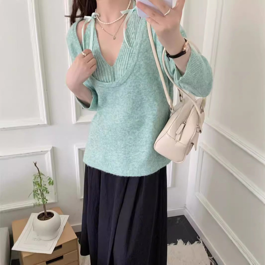 Damen lässiger V-Ausschnitt Pullover mit feinem Rippmuster Drune