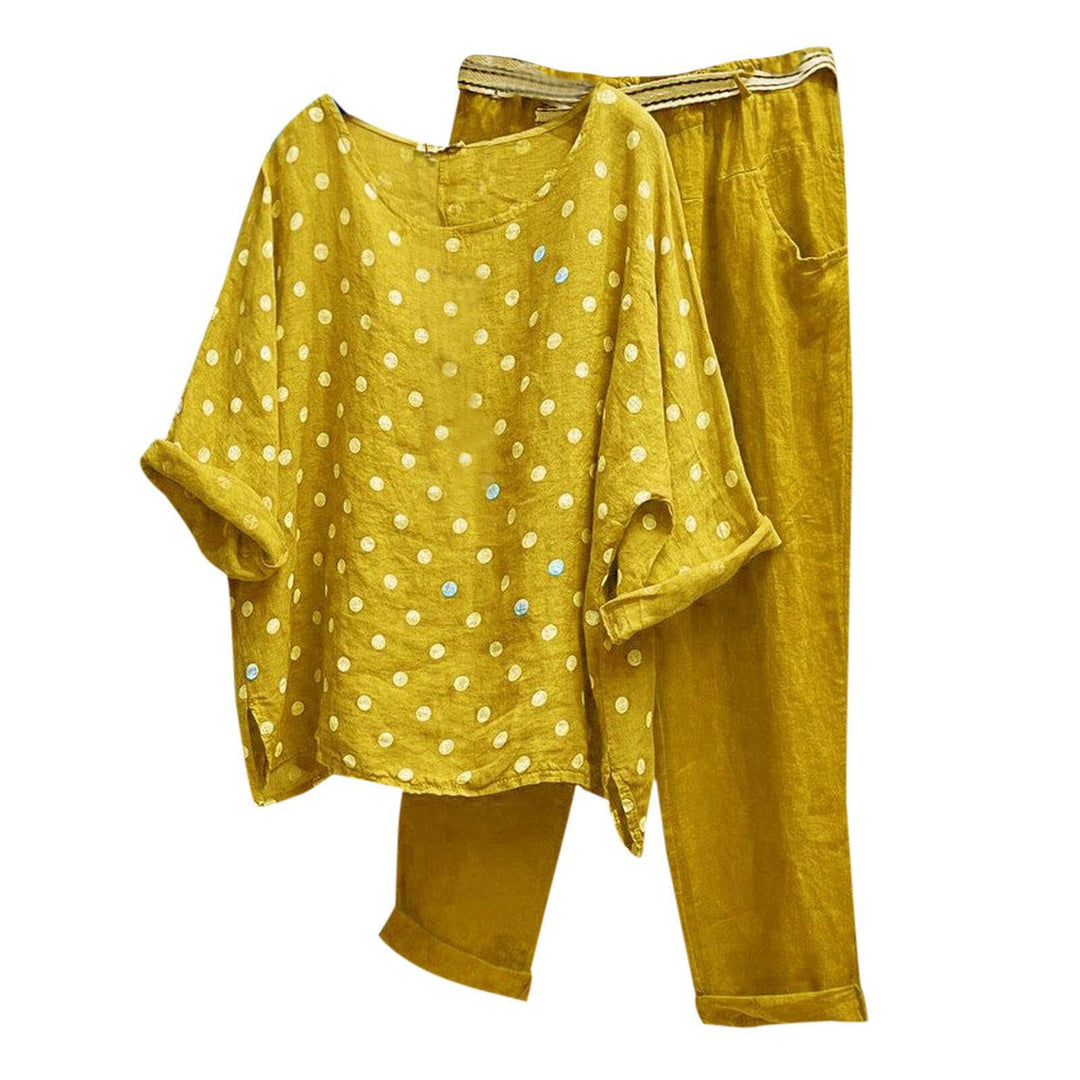 Damen nan komfortables Leinen-Freizeitset mit weiter Tunika, Pünktchenmuster und elastischer Bundhose Drune