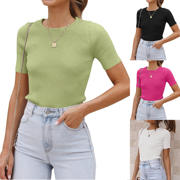 Damen figurbetontes T-Shirt mit feiner Rippstruktur und Rundhalsausschnitt Drune