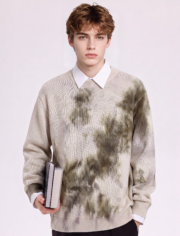 Herren Oversize-Strickpullover mit Batikoptik, Rundhalsausschnitt und Rippbündchen Drune