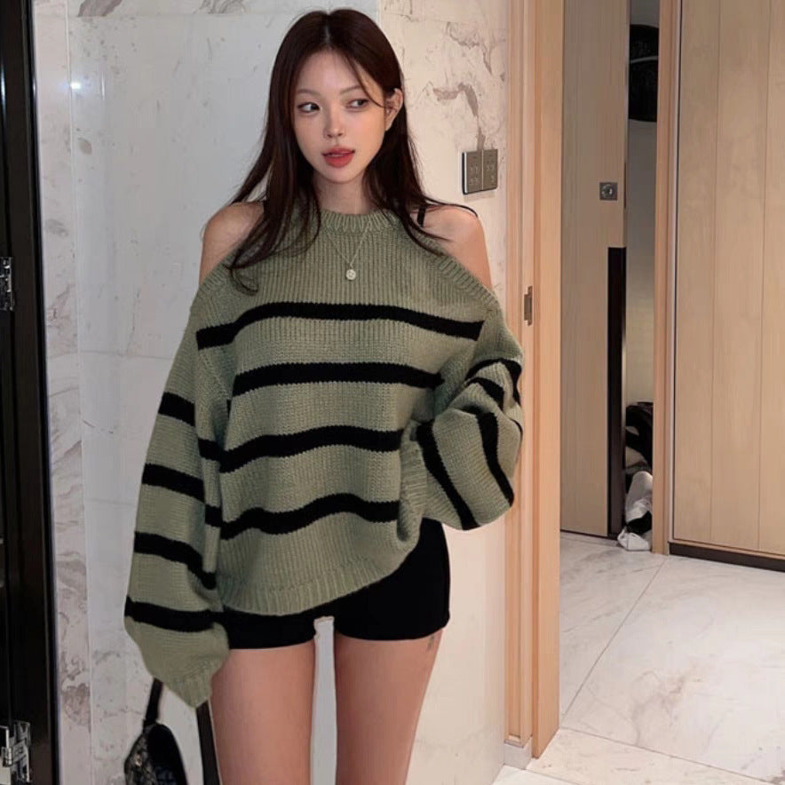 Damen Oversized Pullover mit offenem Schulterdesign und Streifenmuster Drune