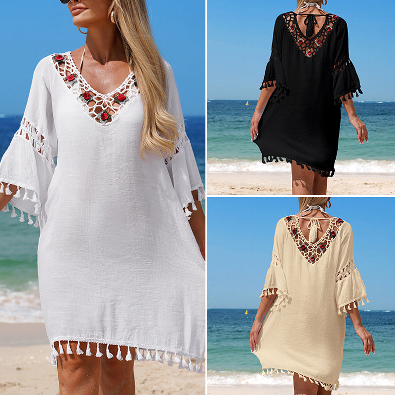 Damen Häkel-Strandkleid mit eleganter Stickerei und Fransen Drune