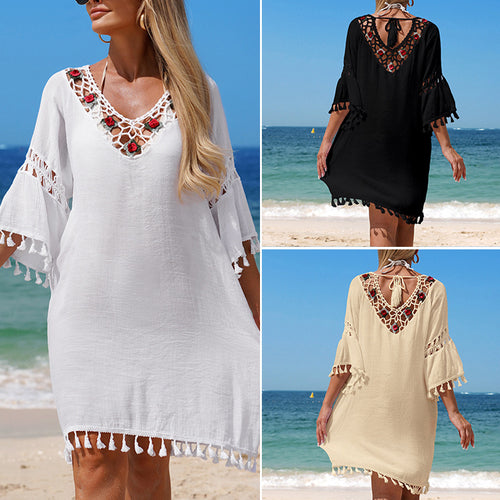 Damen Häkel-Strandkleid mit eleganter Stickerei und Fransen Drune