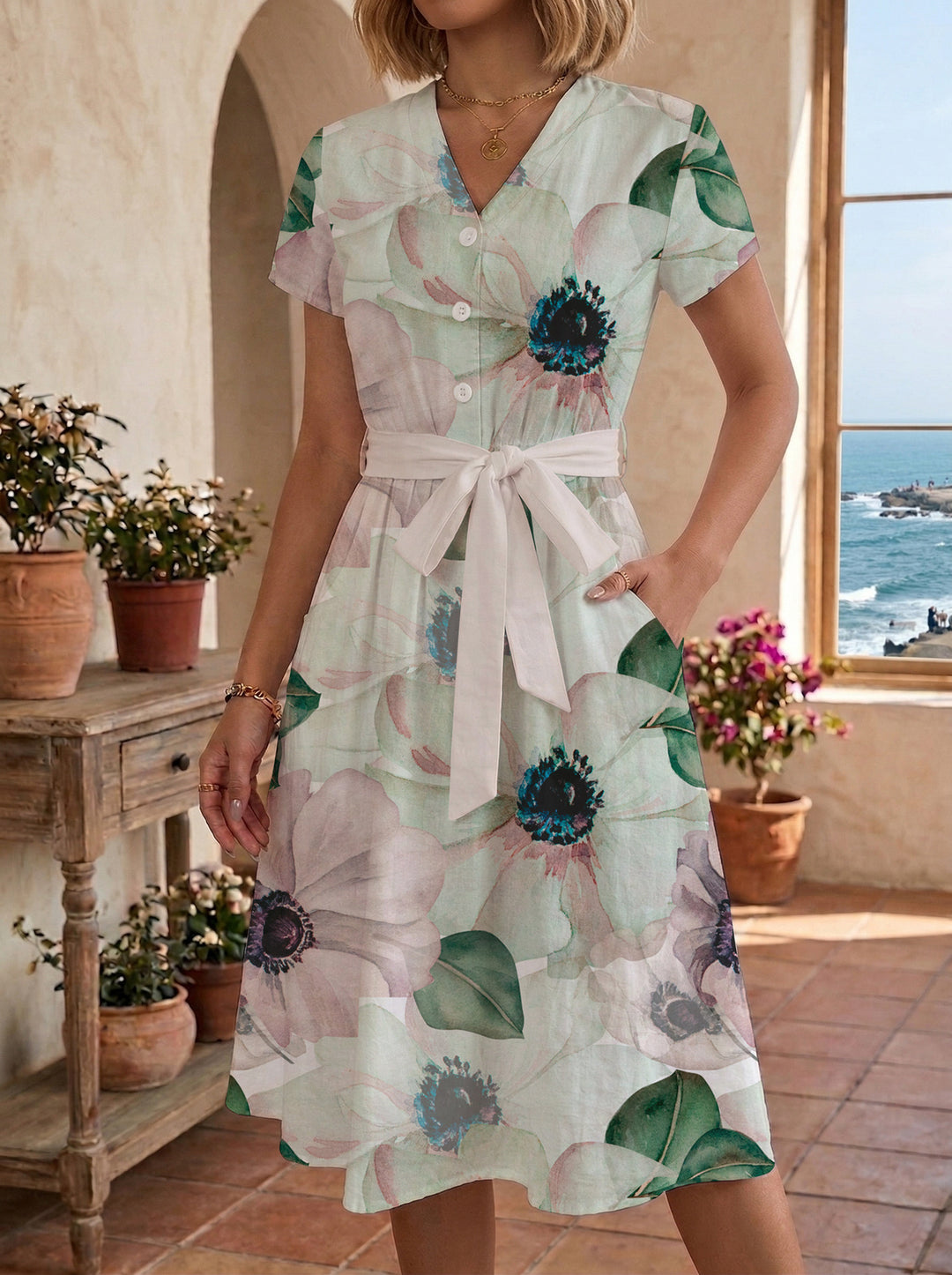 Damen Midikleid mit floralem Muster und Taillengürtel Drune