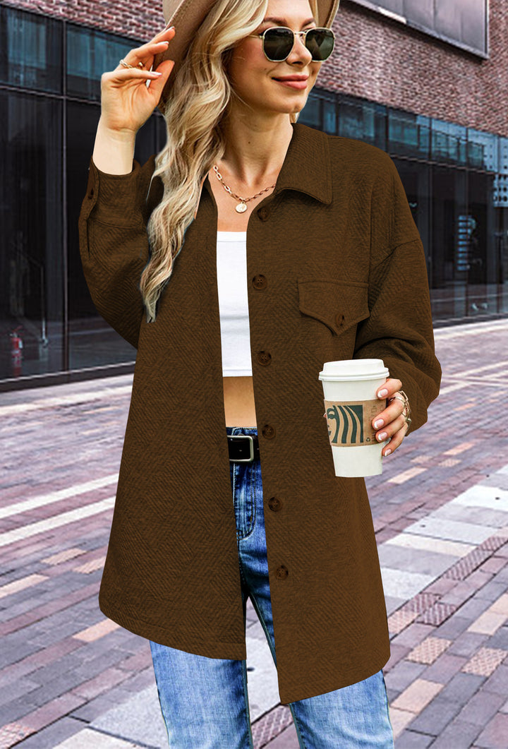 Damen Longline Oversize Hemdjacke mit aufgesetzten Pattentaschen und Strukturstoff Drune