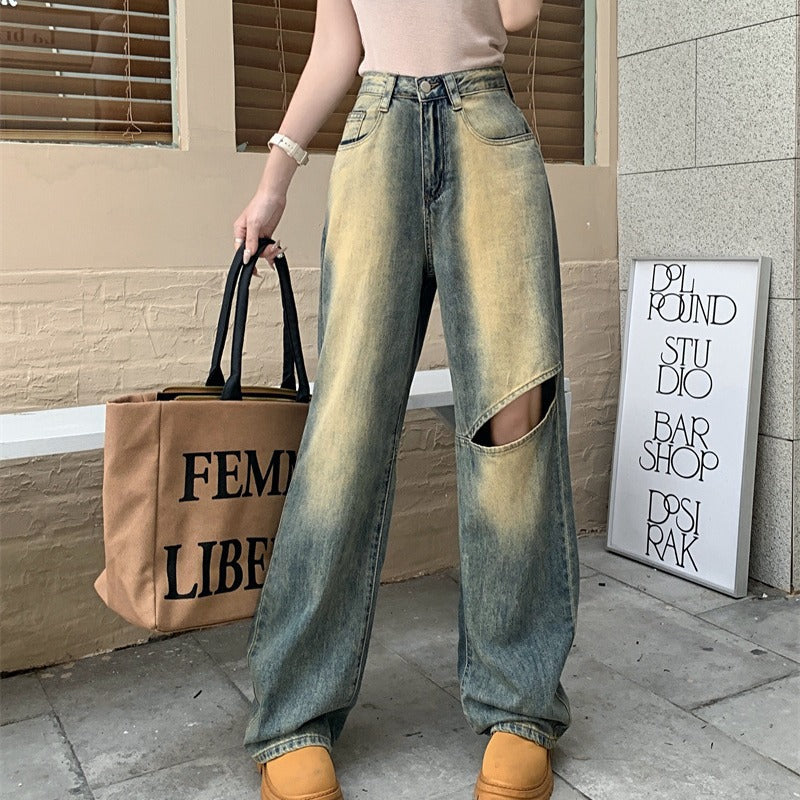 Damen Weite Denim-Hose mit asymmetrischen Knöpfen Drune