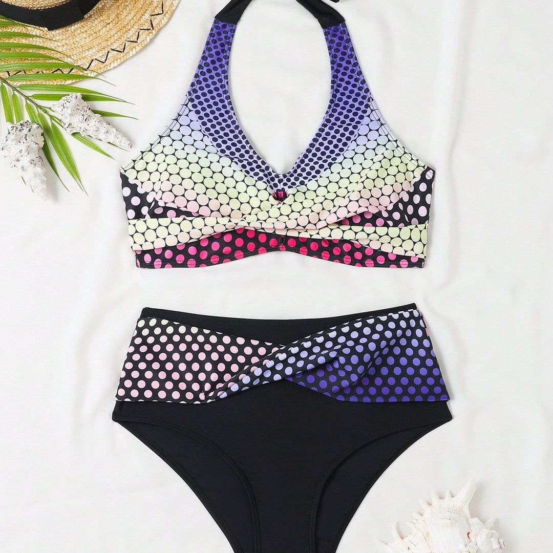Damen Hochgeschnittenes Bikini-Set mit stilvollem Punktmuster Drune