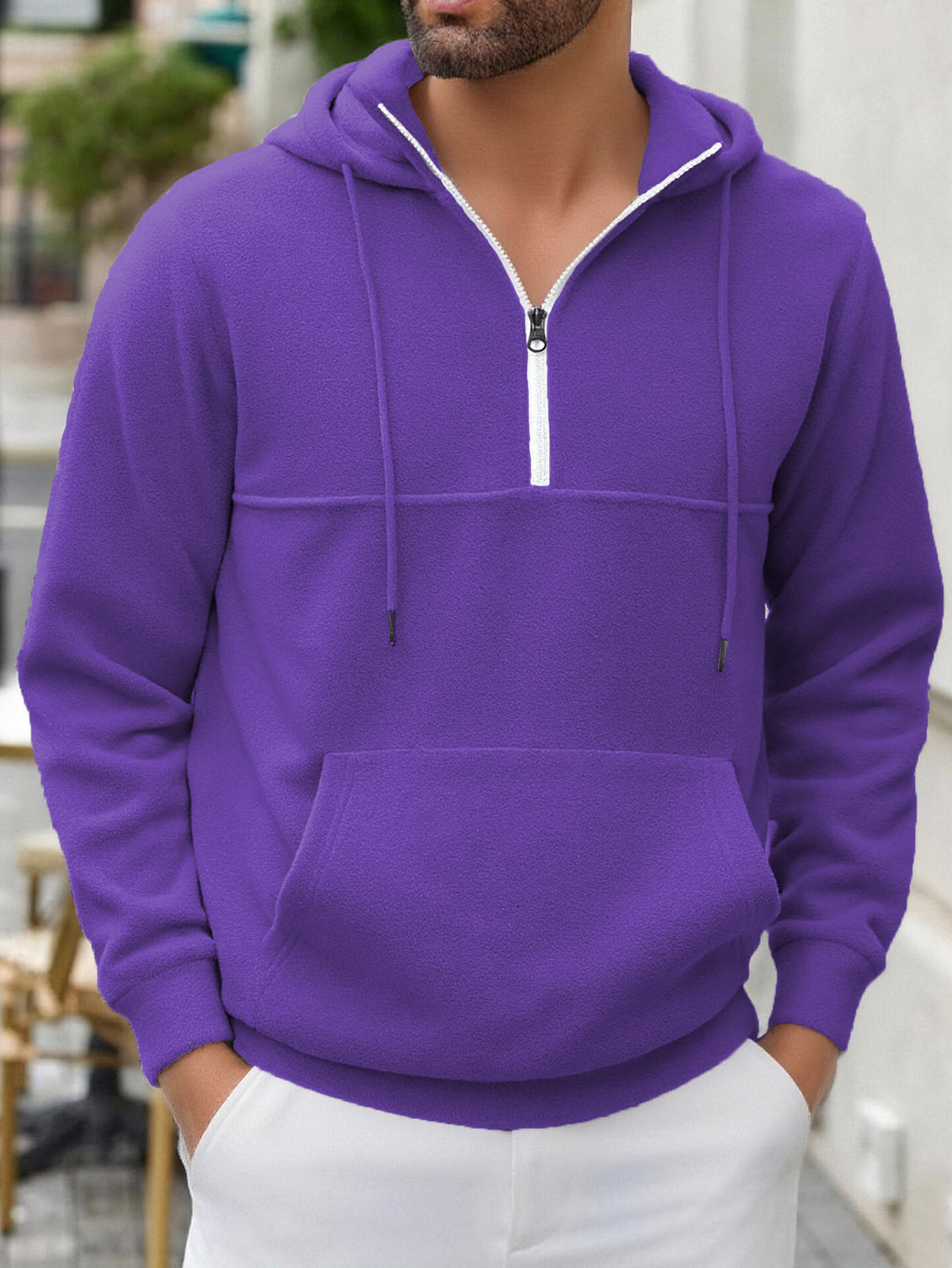 Herren Fleece-Halbzip-Hoodie mit Kängurutasche, halbem Reißverschluss und Kapuze Drune