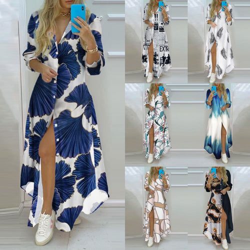 Damen nan knopfbares Maxi-Hemdkleid mit geometrischem Muster, V-Ausschnitt, Kentkragen und hohem Beinschlitz Drune