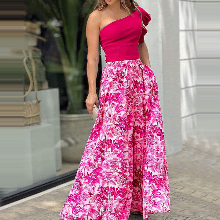 Damen Maxikleid mit asymmetrischem Oberteil und floralen Musterdetails Drune