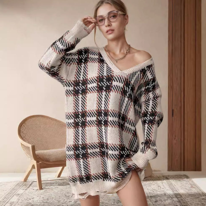 Damen Oversized V-Ausschnitt Pullover mit kariertem Muster Drune