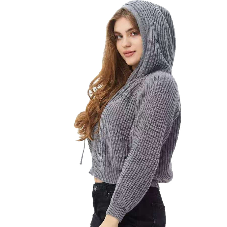 Damen Cropped Hoodie aus weichem Rippstrickmaterial mit praktischen Kordelzügen Drune