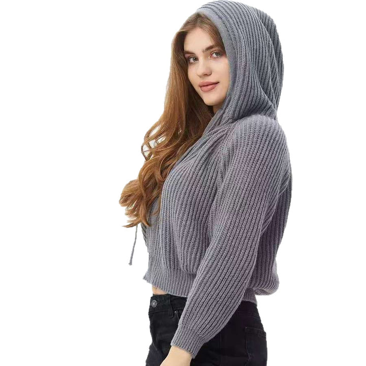 Damen Cropped Hoodie aus weichem Rippstrickmaterial mit praktischen Kordelzügen Drune