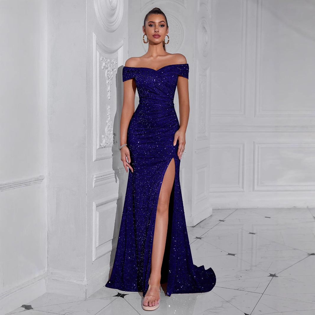 Damen Elegantes Abendkleid mit schulterfreiem Design und funkelnden Pailletten Drune