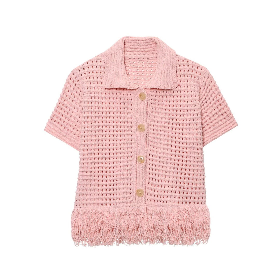 Damen Kurzarm-Strickjacke mit fransigem Saum und dekorativen Knöpfen Drune