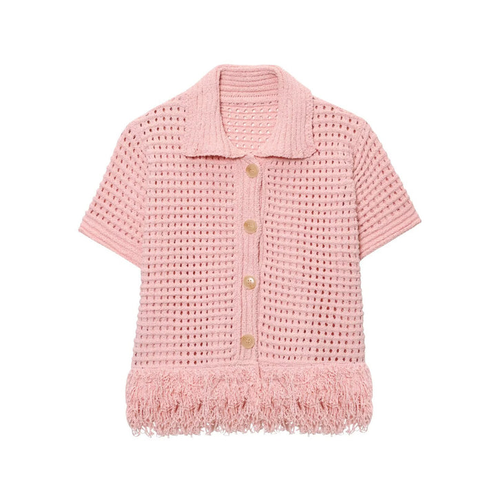 Damen Kurzarm-Strickjacke mit fransigem Saum und dekorativen Knöpfen Drune
