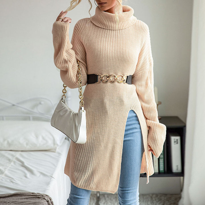 Damen Langer Rollkragen-Strickpullover als Tunika mit hohem Seitenschlitz und Oversize-Ärmeln Drune