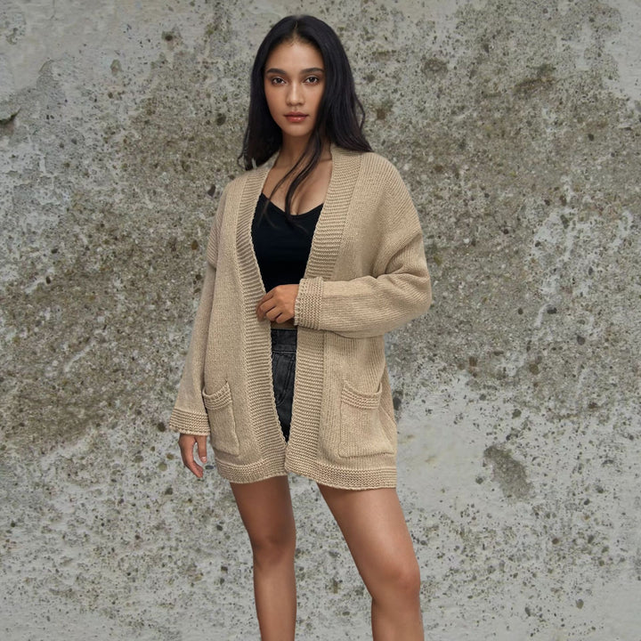 Damen Grobstrickcardigan mit lässigen Taschen und offener Silhouette Drune