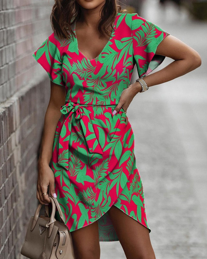Damen Wickelkleid mit floralem Print und eleganter Schleife Drune