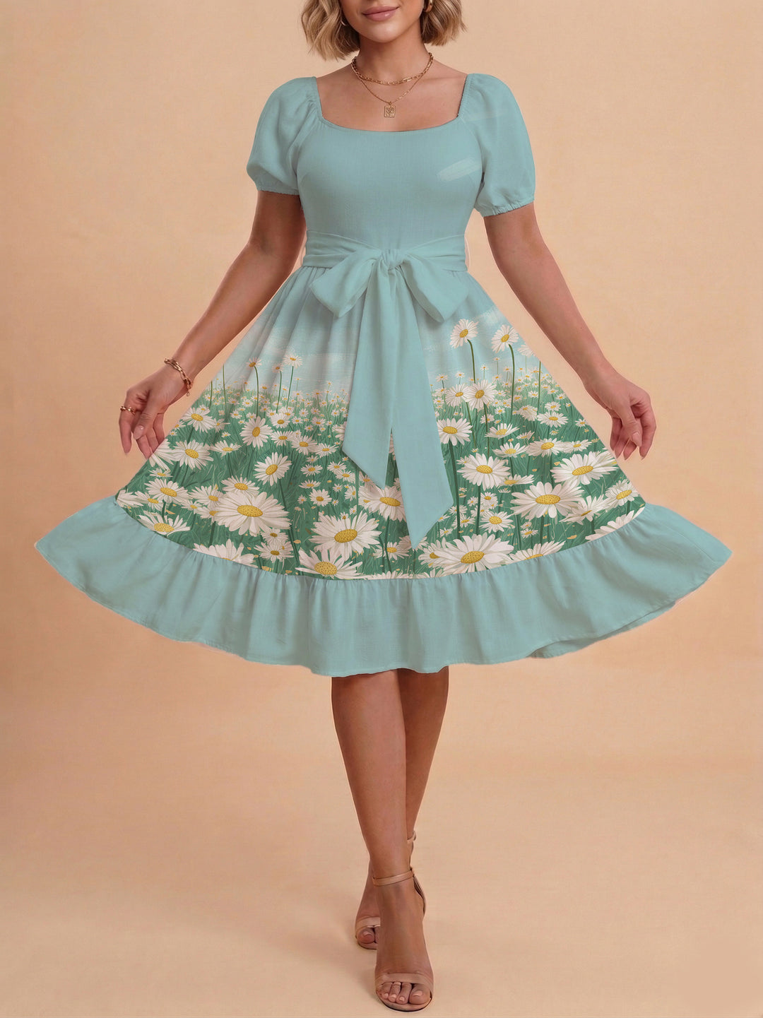 Damen Sommerliches Blumenkleid mit taillierbarem Gürtel und voluminösen Ärmeln Drune