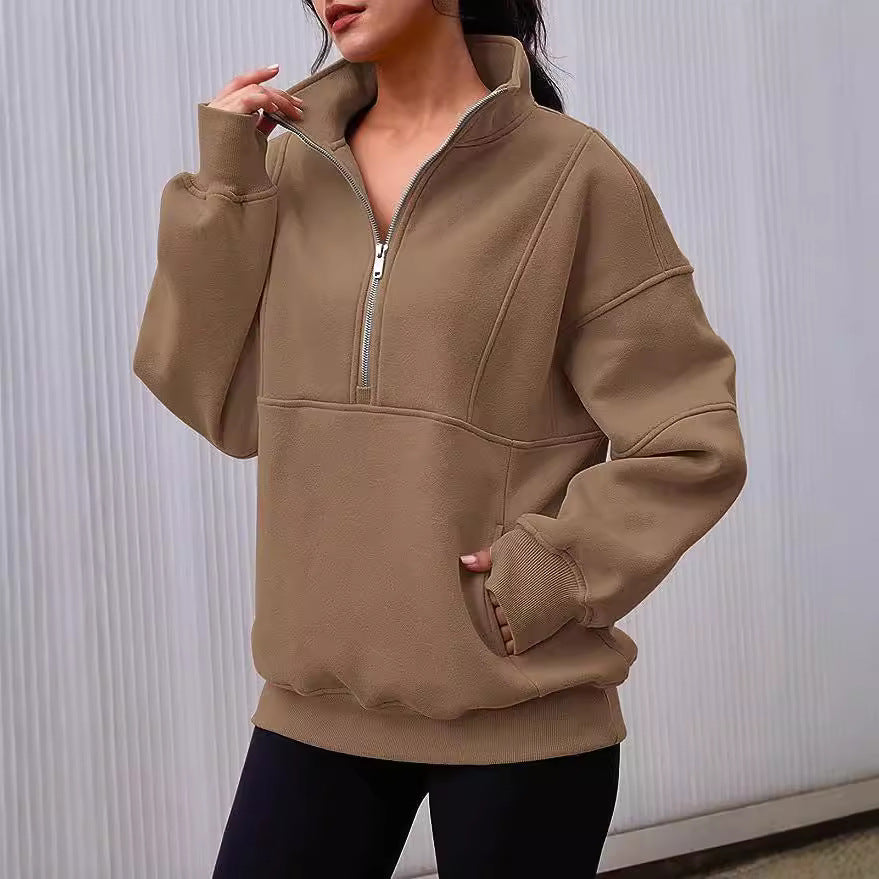 Damen Oversized Sweatshirt mit halbem Reißverschluss, Kängurutasche und Stehkragen Drune